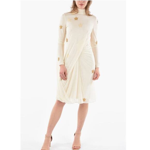 Burberry Gold Star Chain Ivory Draping Long Sleeve Dress UK 8 NEW Mockneck EU 40 - Picture 1 of 8